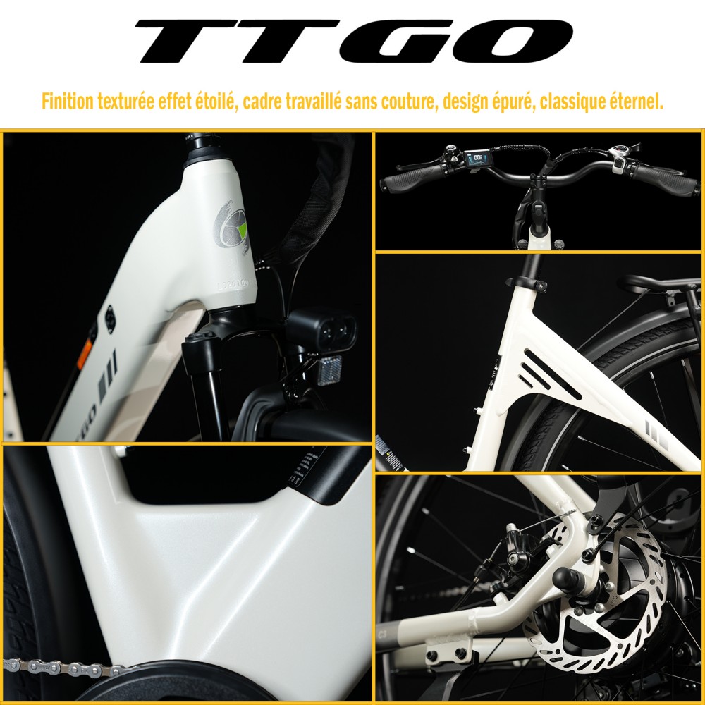 TTGO C3 SE Vélo électrique, moteur 250W, batterie 36V 18Ah, pneus de 28 pouces, vitesse maximale de 25 km/h, autonomie maximale de 120 km, freins à disque mécaniques, fourche à suspension avant, Shimano 7 vitesses - Blanc