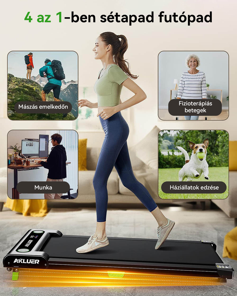 Akluer 480L-A s&eacute;tapad lejtős kialak&iacute;t&aacute;ssal, 2,5 LE-s asztal alatti fut&oacute;pad t&aacute;vir&aacute;ny&iacute;t&oacute;val, LED kijelzővel, 150 kg maxim&aacute;lis teherb&iacute;r&aacute;ssal