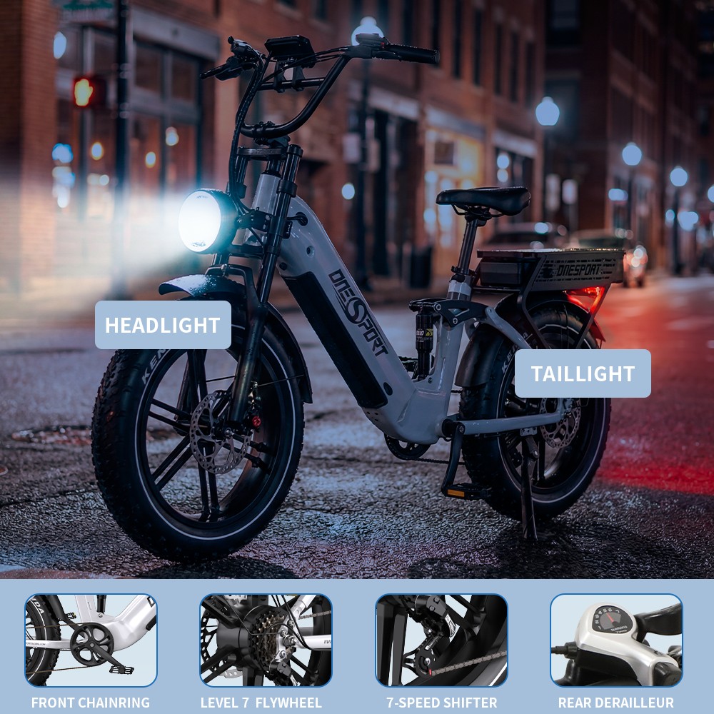 ONESPORT OT08 Pro Elektrofahrrad, 500W Motor, 2 x 48 V 18 Ah Akku, 20 x 4,0 Zoll Reifen, 25 km/h Höchstgeschwindigkeit, 190 km maximale Reichweite, Ölscheibenbremsen vorne und hinten, Federgabel, Shimano 7-Gang-Getriebe - Weiß