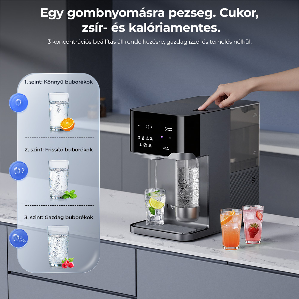 Hydrofast C300 RO pultra helyezhető v&iacute;ztiszt&iacute;t&oacute;, jeges &eacute;s sz&eacute;nsavas v&iacute;z adagol&oacute;, 6 fokozat&uacute; szűr&eacute;s UV-steriliz&aacute;l&aacute;ssal, 5 literes nyersv&iacute;ztart&aacute;ly &eacute;s 1,5 literes tisztav&iacute;ztart&aacute;ly, &aacute;ll&iacute;that&oacute; hőm&eacute;rs&eacute;klet &eacute;s t&eacute;rfogat, intelligens TDS kijelző