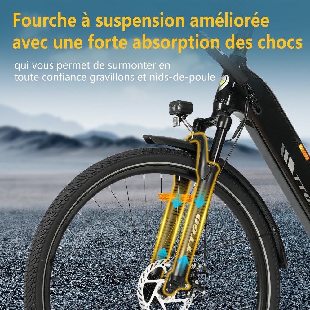 TTGO C3 SE Vélo électrique, moteur 250W, batterie 36V 18Ah, pneus de 28 pouces, vitesse maximale de 25 km/h, autonomie maximale de 120 km, freins à disque mécaniques, fourche à suspension avant, Shimano 7 vitesses - Noir