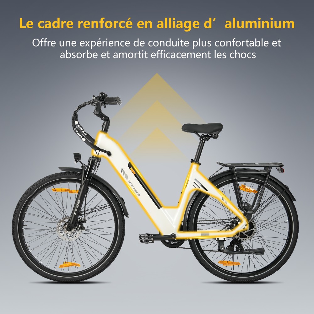 TTGO C3 SE Vélo électrique, moteur 250W, batterie 36V 18Ah, pneus de 28 pouces, vitesse maximale de 25 km/h, autonomie maximale de 120 km, freins à disque mécaniques, fourche à suspension avant, Shimano 7 vitesses - Blanc