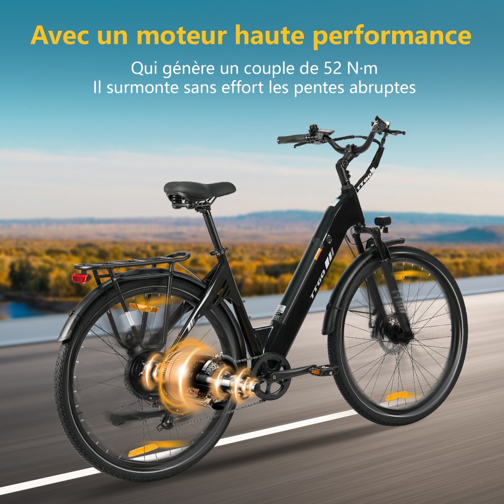 TTGO C3 SE Vélo électrique, moteur 250W, batterie 36V 18Ah, pneus de 28 pouces, vitesse maximale de 25 km/h, autonomie maximale de 120 km, freins à disque mécaniques, fourche à suspension avant, Shimano 7 vitesses - Noir