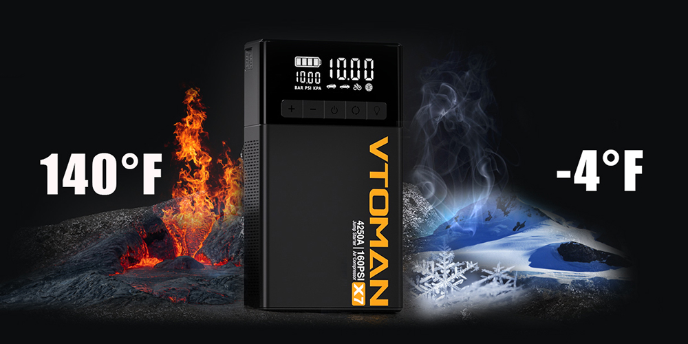 VTOMAN X7 Autóindító Légkompresszorral, 4250A Csúcs, 12V Járművek 10 Literes Gáz- és 10 Literes Dízelig, 160 PSI Gumiabroncs-felfújó, 5,1 Hüvelykes Intelligens Kijelző, 88,8Wh Akkumulátor