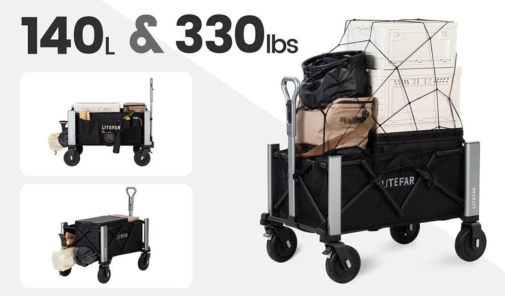 LITEFAR Orion Remote-Controlled Electric Wagon, 500W Quiet Hub Motor, 140L Cargo Capacity, 7.5” Solid Rubber All-Terrain Wheels with Brakes, 24,000mAh Battery, 7.5-Mile Range, 3-Speed Control, Foldable Aluminum Frame