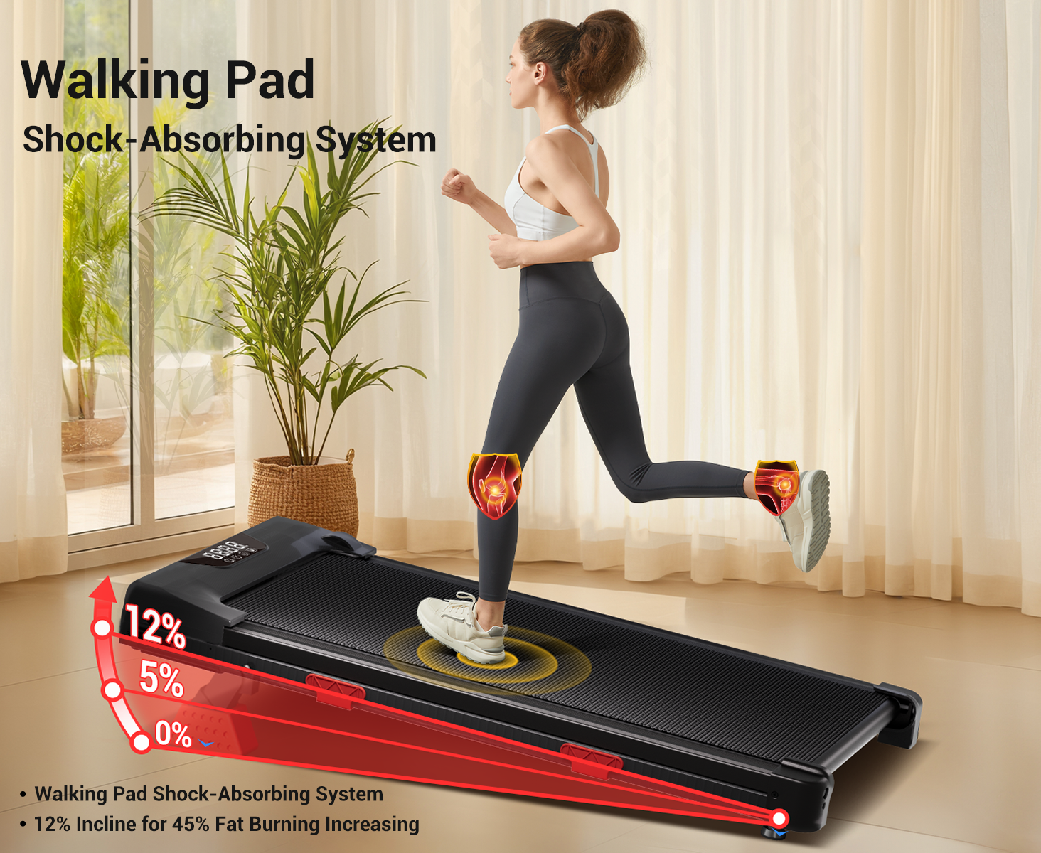 ROBORE U18 Tapis de course pliable avec inclinaison de 12 %, vitesse maximale de 10 km/h, 3 niveaux, moteur sans balais de 2,75 CV, capacit&eacute; de charge de 150 kg, donn&eacute;es en temps r&eacute;el, faible bruit, pour la maison et le bureau