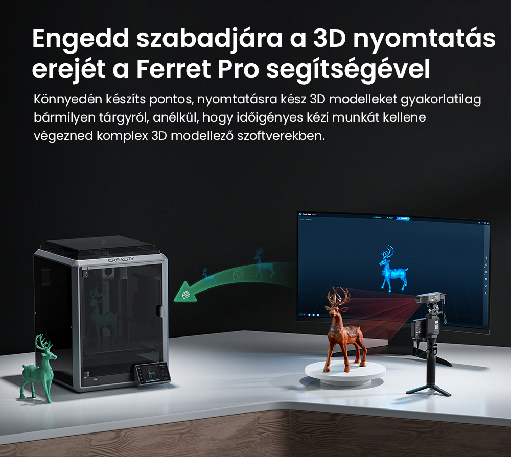 Creality CR-Scan Ferret Pro 3D szkenner, Ak&aacute;r 30 fps szkennel&eacute;si sebess&eacute;g, 0,1 mm-es pontoss&aacute;g, 150-700 mm munkat&aacute;vols&aacute;g, 560*820 mm egyszeres szkennel&eacute;si tartom&aacute;ny, 150x150 mm minim&aacute;lis szkennel&eacute;s, Vezet&eacute;k n&eacute;lk&uuml;li kapcsolat