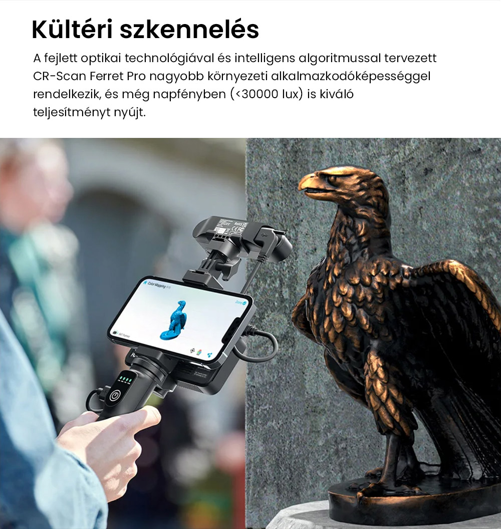 Creality CR-Scan Ferret Pro 3D szkenner, Ak&aacute;r 30 fps szkennel&eacute;si sebess&eacute;g, 0,1 mm-es pontoss&aacute;g, 150-700 mm munkat&aacute;vols&aacute;g, 560*820 mm egyszeres szkennel&eacute;si tartom&aacute;ny, 150x150 mm minim&aacute;lis szkennel&eacute;s, Vezet&eacute;k n&eacute;lk&uuml;li kapcsolat
