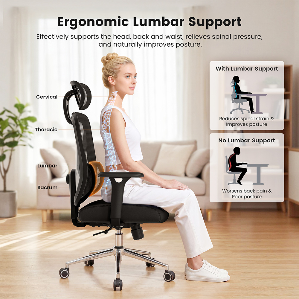 ACGAM CG-5345M Ergonomischer Stuhl, 90&ndash;130&deg; verstellbare R&uuml;ckenlehne, 3D-Armlehnen, 2D-Kopfst&uuml;tze, Lendenwirbelst&uuml;tze, atmungsaktives Netzgewebe, Sitzfl&auml;che aus Memory-Schaum, Belastbarkeit bis 150 kg