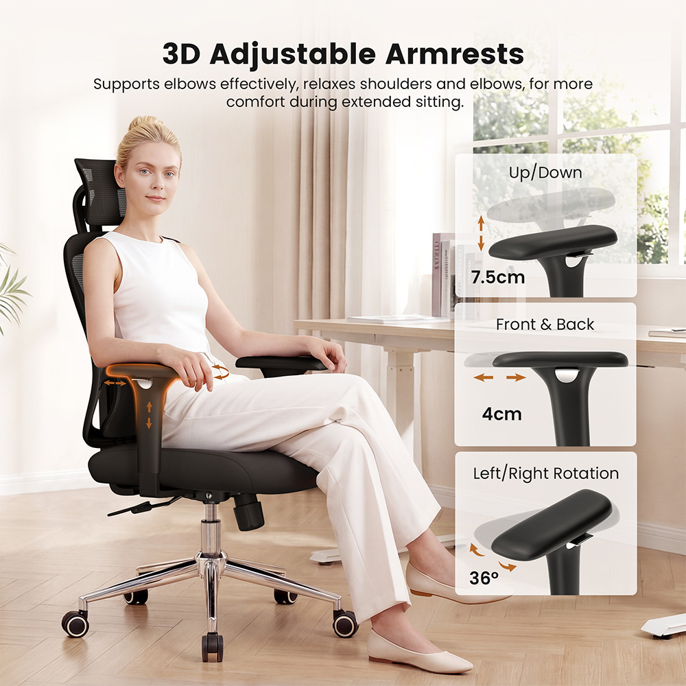 ACGAM CG-5345M Ergonomischer Stuhl, 90&ndash;130&deg; verstellbare R&uuml;ckenlehne, 3D-Armlehnen, 2D-Kopfst&uuml;tze, Lendenwirbelst&uuml;tze, atmungsaktives Netzgewebe, Sitzfl&auml;che aus Memory-Schaum, Belastbarkeit bis 150 kg