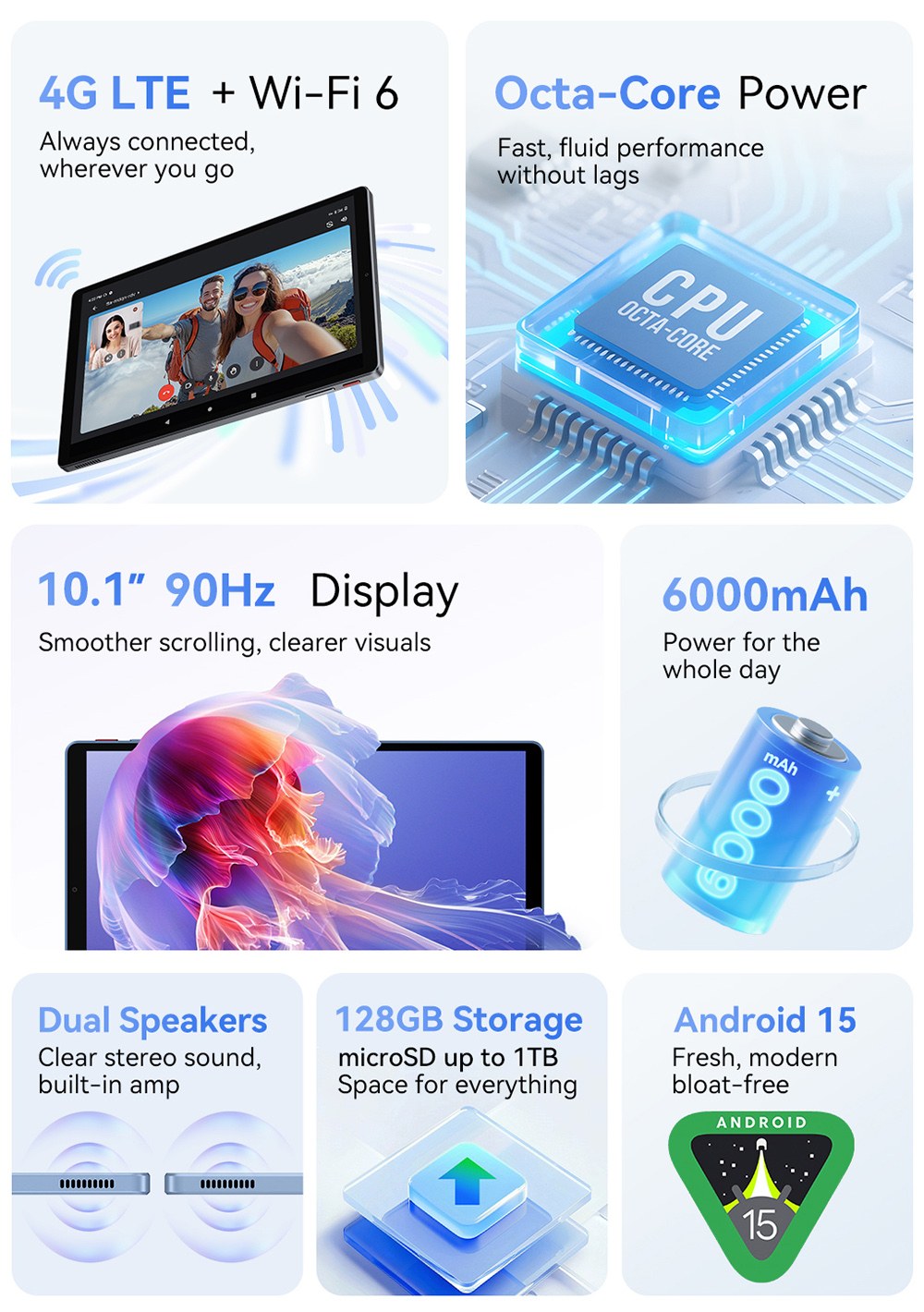 Tablette ALLDOCUBE iPlay 70, &eacute;cran IPS 10,1 pouces 1280 x 800 90 Hz, processeur ASR8662 &agrave; 8 c&oelig;urs, 4 Go de RAM, 128 Go de ROM, Android 15, double cam&eacute;ra 5 MP + 5 MP, 4G LTE, Wi-Fi 6, Bluetooth 5.4, GPS + GLONASS + Beidou + Galileo, batterie 6000 mAh, charge rapide 18 W, deux haut-parleurs