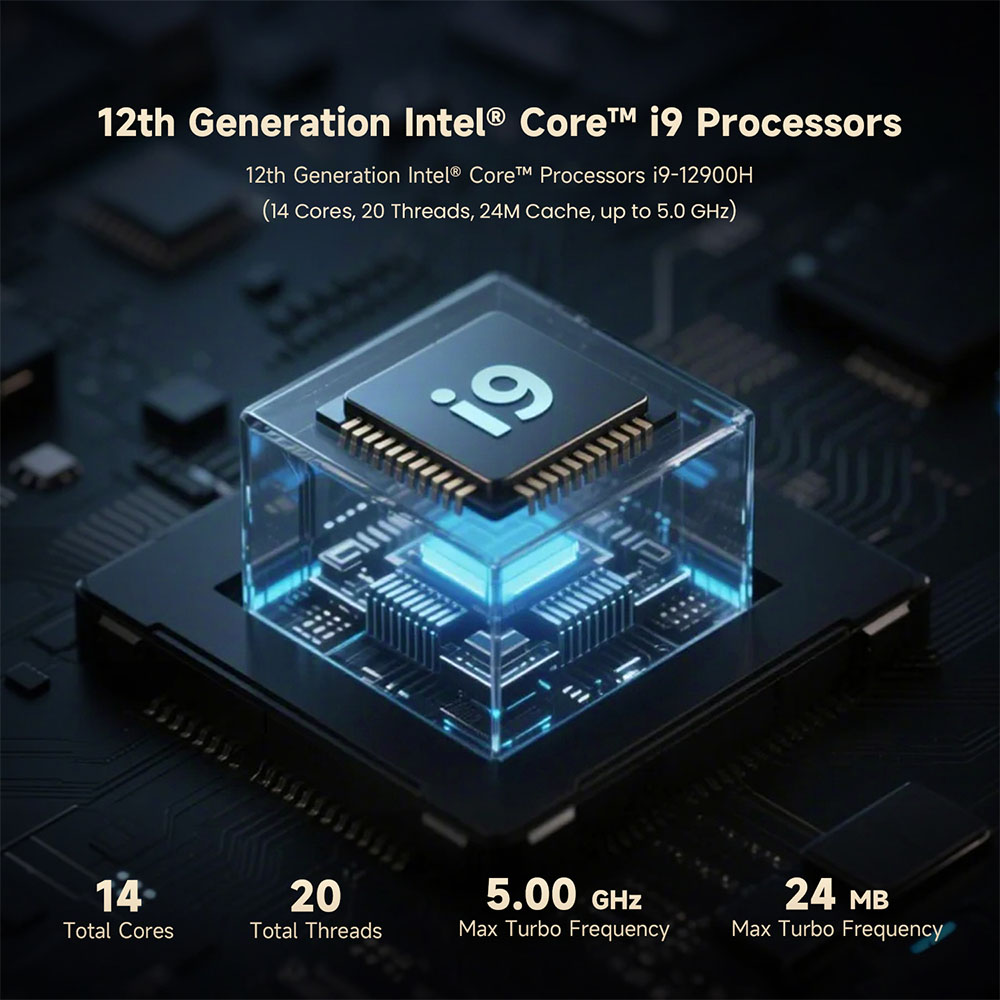 Mini PC ALLIWAVA GH9, Intel Core i9-12900HK 14 c&oelig;urs jusqu'&agrave; 5 GHz, 16 Go de RAM, SSD 1 To, DP (8K &agrave; 60 Hz) + HDMI (4K &agrave; 60 Hz) + Type-C (4K &agrave; 120 Hz), Wi-Fi 6, Bluetooth 5.0, 4 ports USB 3.2, 2 ports RJ45 2,5 GHz, 1 prise audio