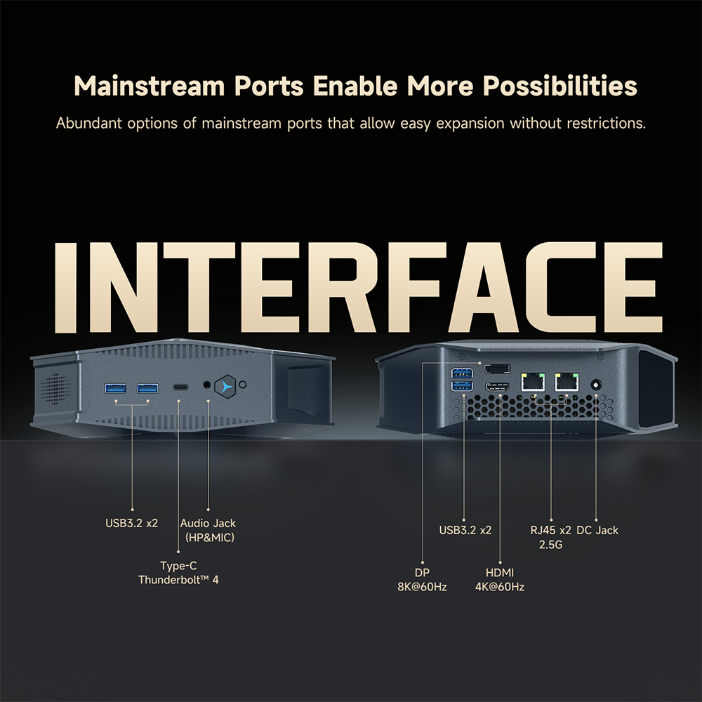 Mini PC ALLIWAVA GH9, Intel Core i9-12900HK 14 c&oelig;urs jusqu'&agrave; 5 GHz, 16 Go de RAM, SSD 1 To, DP (8K &agrave; 60 Hz) + HDMI (4K &agrave; 60 Hz) + Type-C (4K &agrave; 120 Hz), Wi-Fi 6, Bluetooth 5.0, 4 ports USB 3.2, 2 ports RJ45 2,5 GHz, 1 prise audio
