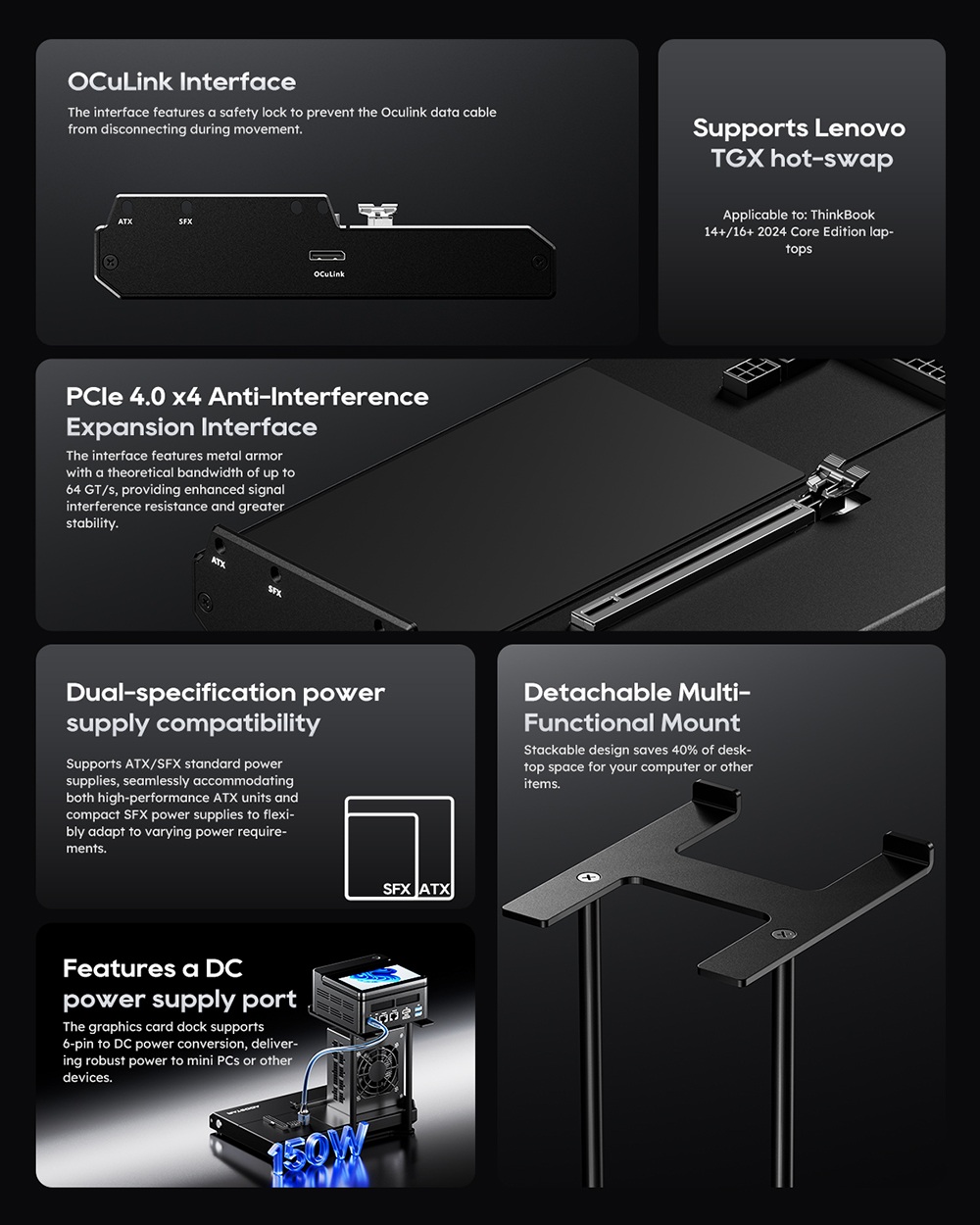 AOOSTAR EG01 eGPU dokkol&oacute;, Oculink (PCIe 4.0 x4) csatlakoz&oacute;, ATX/SFX t&aacute;pegys&eacute;g t&aacute;mogat&aacute;sa