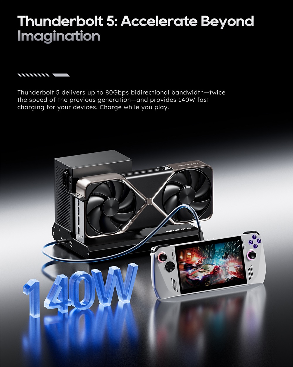 AOOSTAR EG02 eGPU dokkol&oacute;, Oculink (PCIe 4.0 x4) + 2*Thunderbolt 5 interf&eacute;sz, ATX/SFX t&aacute;pegys&eacute;g t&aacute;mogat&aacute;sa