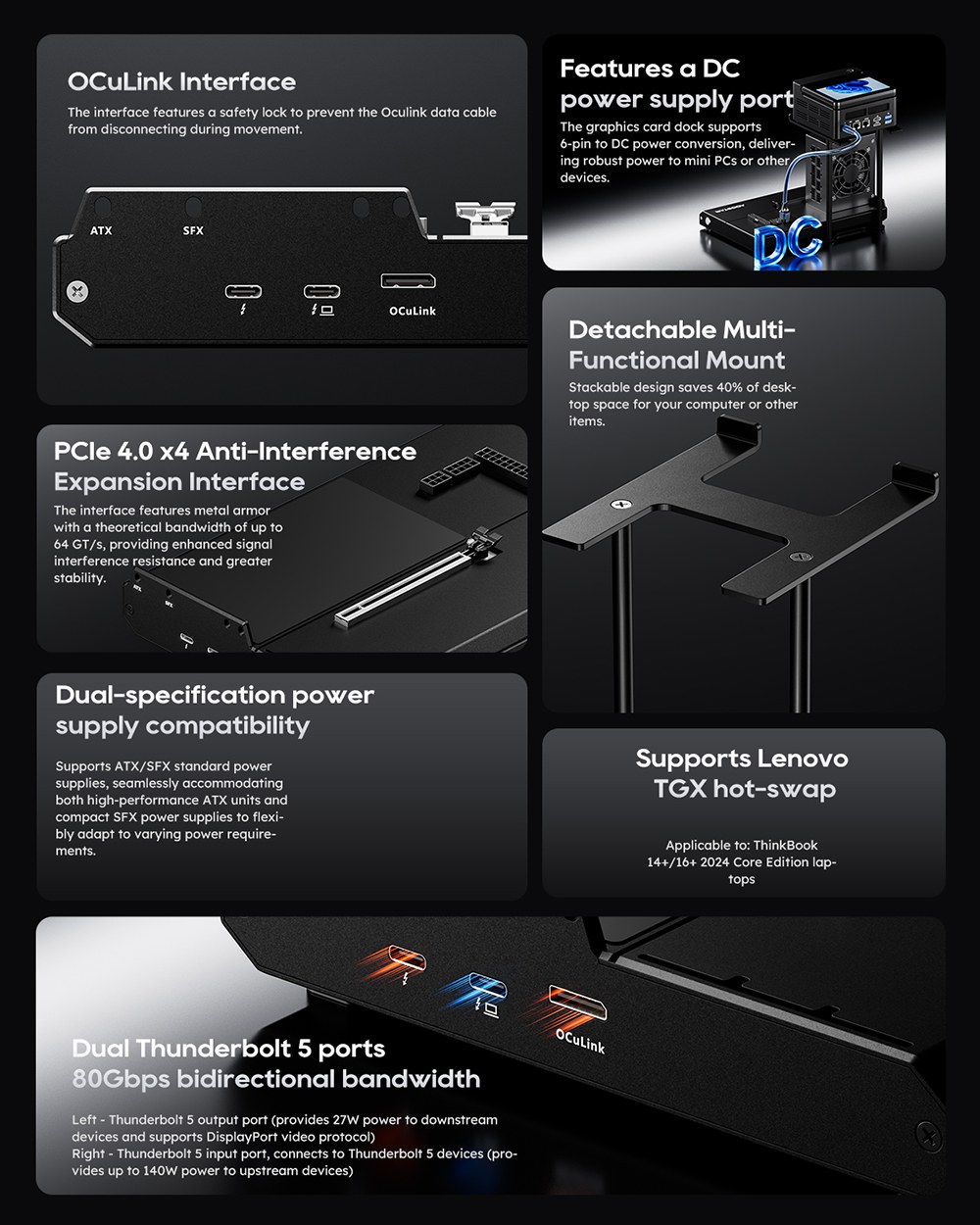 AOOSTAR EG02 eGPU dokkol&oacute;, Oculink (PCIe 4.0 x4) + 2*Thunderbolt 5 interf&eacute;sz, ATX/SFX t&aacute;pegys&eacute;g t&aacute;mogat&aacute;sa