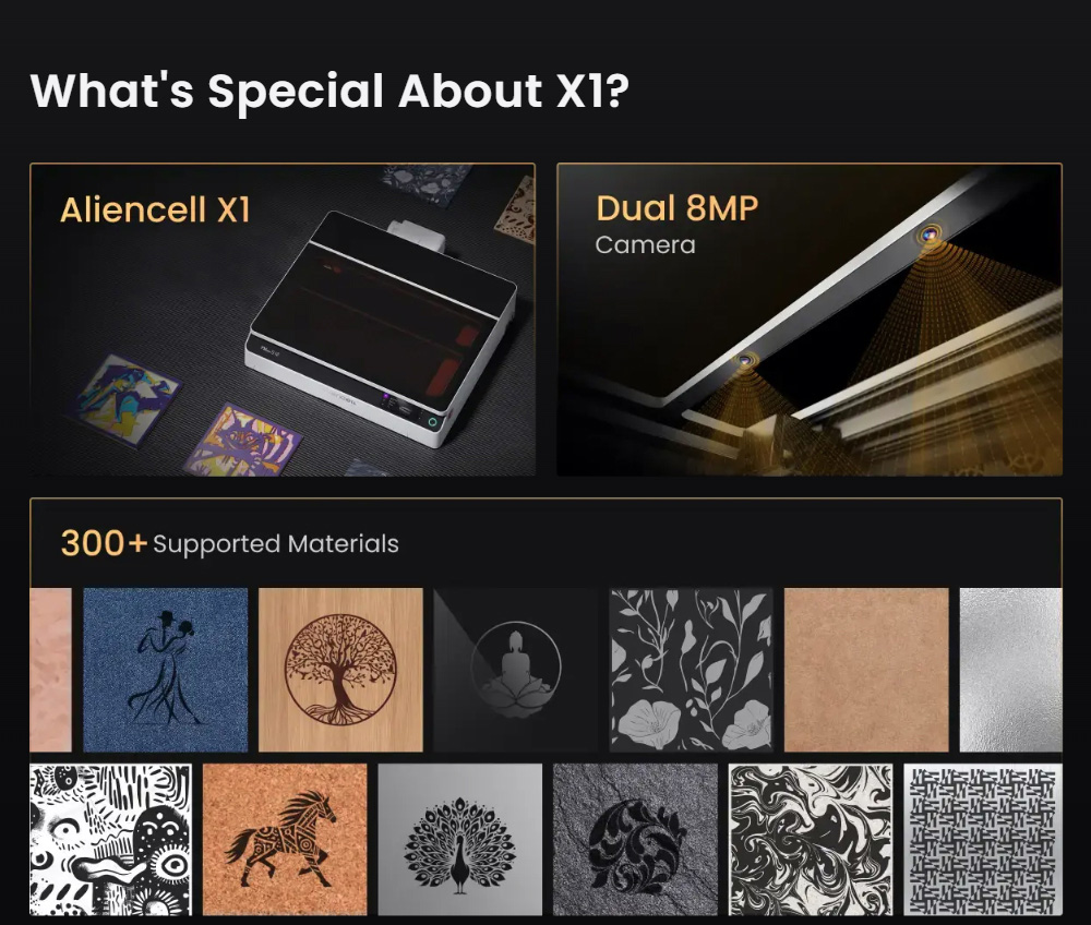 Aliencell X1 40W Desktop Diode Laser Engraver + Air Pump, 600mm/s Speed, 0.08&times;0.1mm Spot, 610&times;477mm Working Area, Dual 8MP Auto-Focus Camera, Standalone Touchscreen, 300+ Material & File Support