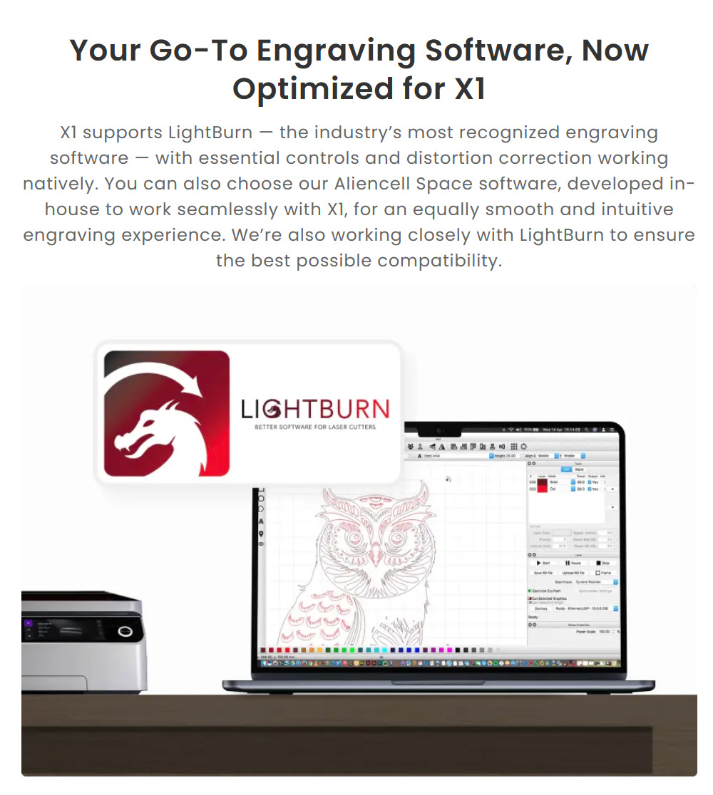 Aliencell X1 40W Desktop Diode Laser Engraver + Air Pump, 600mm/s Speed, 0.08&times;0.1mm Spot, 610&times;477mm Working Area, Dual 8MP Auto-Focus Camera, Standalone Touchscreen, 300+ Material & File Support