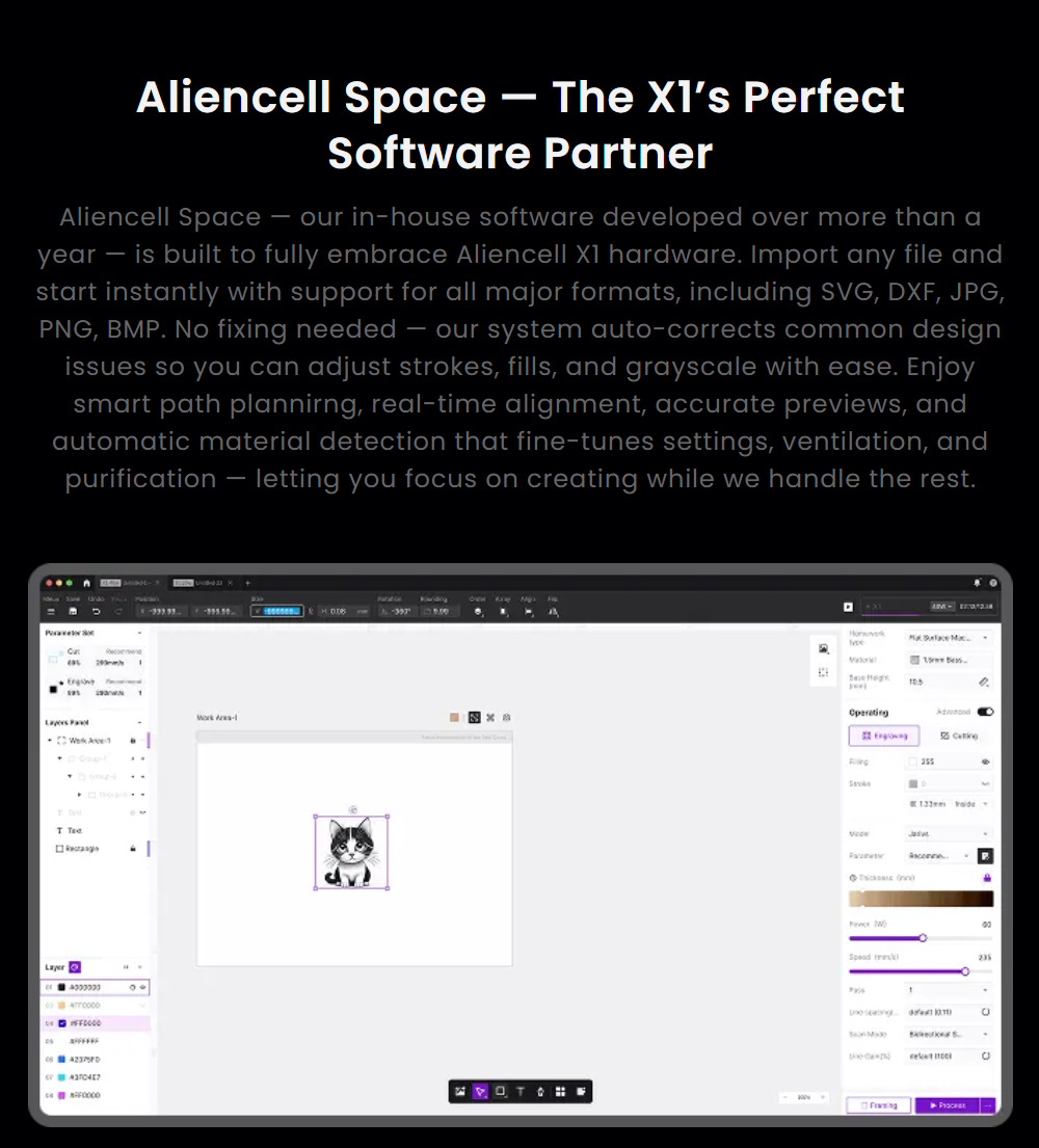 Aliencell X1 40W Desktop Diode Laser Engraver + Air Pump, 600mm/s Speed, 0.08&times;0.1mm Spot, 610&times;477mm Working Area, Dual 8MP Auto-Focus Camera, Standalone Touchscreen, 300+ Material & File Support