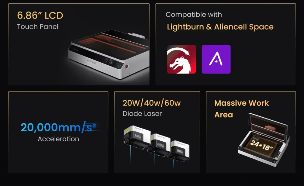 Aliencell X1 40W Desktop Diode Laser Engraver + Air Pump, 600mm/s Speed, 0.08&times;0.1mm Spot, 610&times;477mm Working Area, Dual 8MP Auto-Focus Camera, Standalone Touchscreen, 300+ Material & File Support