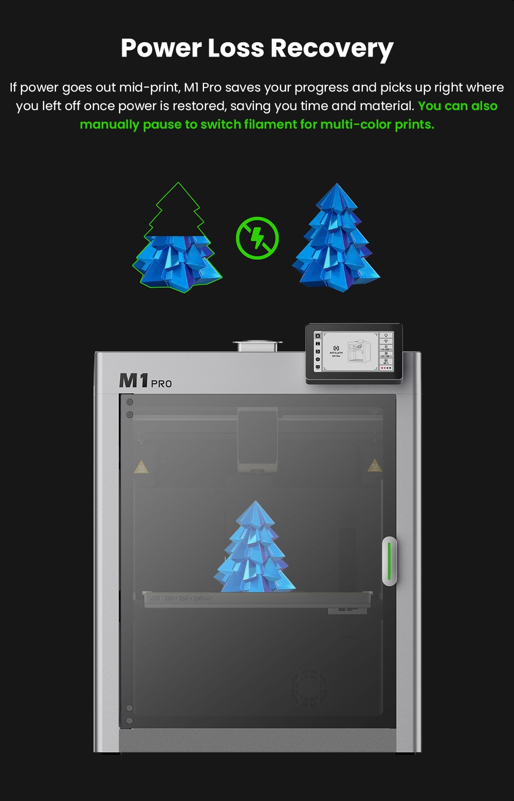 Artillery M1 Pro S1 3D Printer, Fully Enclosed CoreXY, 260×260×260mm Build Volume, Up to 600mm/s, 320°C Nozzle, Closed-Loop Cooling, 0.01mm Precision, Auto Leveling & AI Monitoring