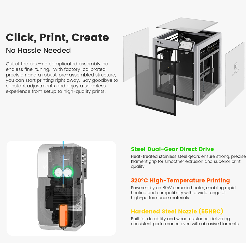 Artillery M1 Pro S1 3D Printer, Fully Enclosed CoreXY, 260×260×260mm Build Volume, Up to 600mm/s, 320°C Nozzle, Closed-Loop Cooling, 0.01mm Precision, Auto Leveling & AI Monitoring