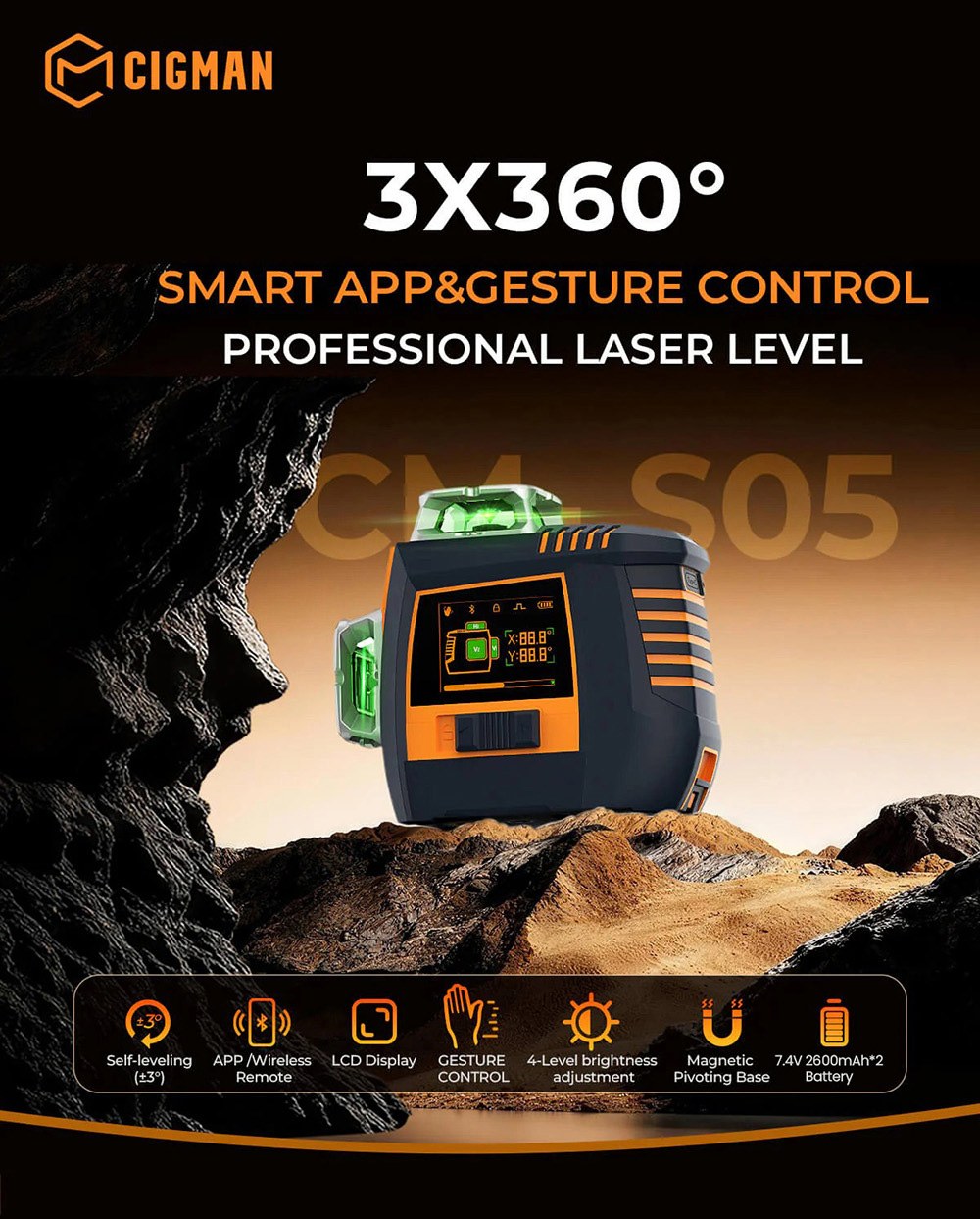 CIGMAN CM-S05 12 Lines Laser Level, Gesture Control, 3 &times; 360&deg; Green Laser, &plusmn;3&deg; Self-Leveling, LCD Real-Time Display, 4-Level Brightness, IP54