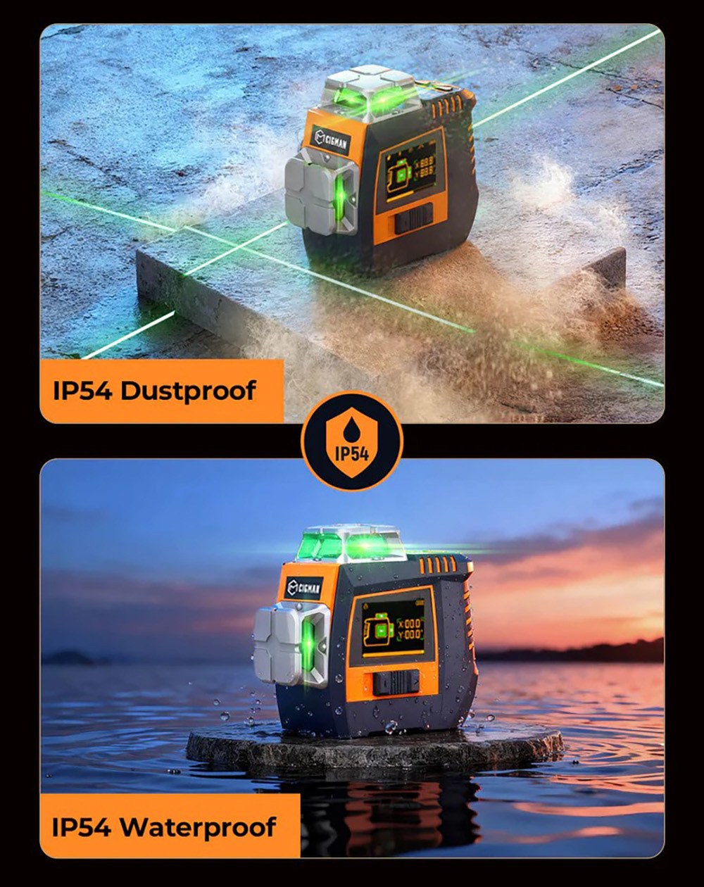 CIGMAN CM-S05 12 Lines Laser Level, Gesture Control, 3 &times; 360&deg; Green Laser, &plusmn;3&deg; Self-Leveling, LCD Real-Time Display, 4-Level Brightness, IP54