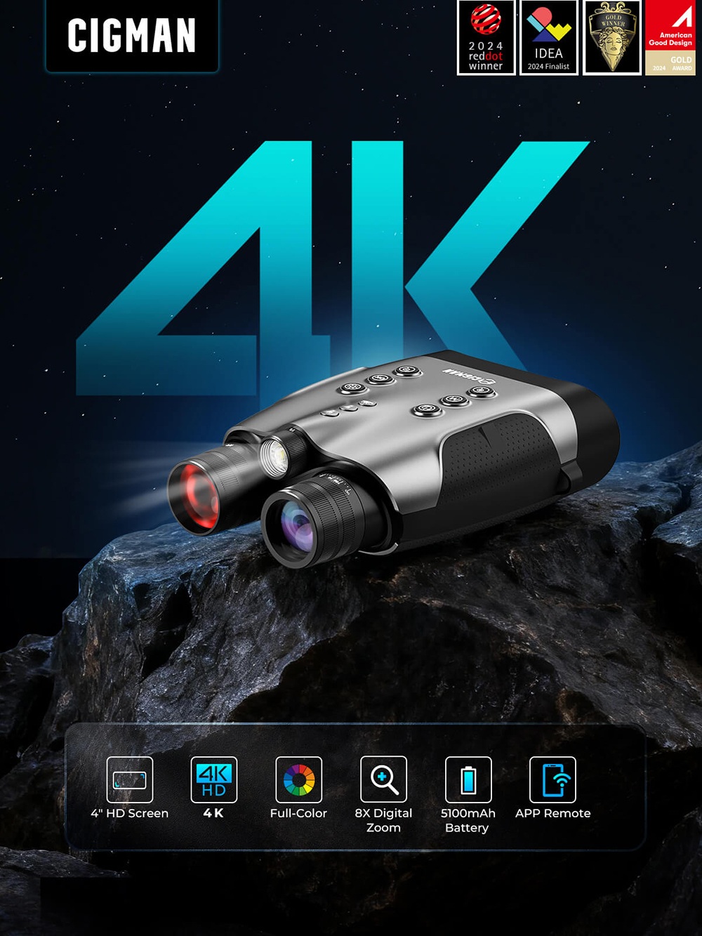 CIGMAN CNVPRO Night Vision Binoculars, True 4K Video & 52MP Photos, Sony Starlight CMOS, 1000m IR Range, 8× Digital Zoom, WiFi Streaming, IP54 Waterproof & Dustproof