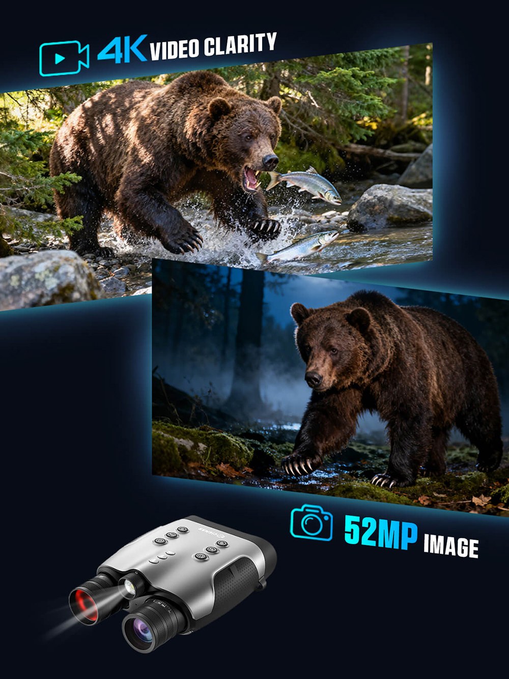 CIGMAN CNVPRO Night Vision Binoculars, True 4K Video & 52MP Photos, Sony Starlight CMOS, 1000m IR Range, 8× Digital Zoom, WiFi Streaming, IP54 Waterproof & Dustproof