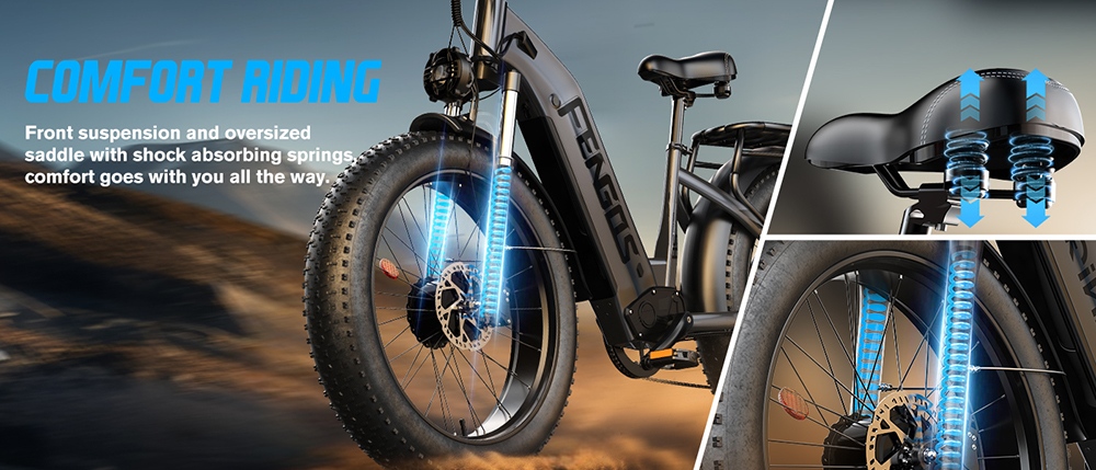 FENGQS H2 Electric Bike, 2*1000W Motor, 52V 20Ah Battery, 26*4.0 inch Tires, 50km/h Max Speed, 145km Max Range, Hydraulic Disc Brakes, Front Suspension, Shimano 7-speed - Grey
