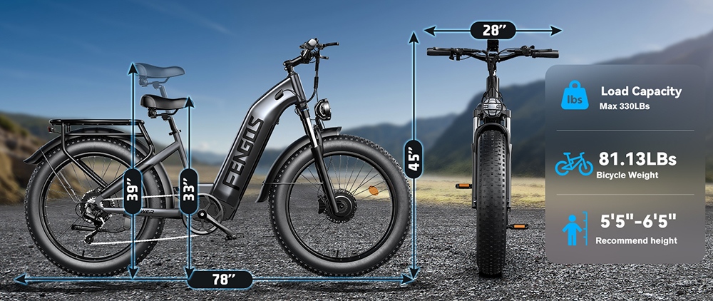 FENGQS H2 Electric Bike, 2*1000W Motor, 52V 20Ah Battery, 26*4.0 inch Tires, 50km/h Max Speed, 145km Max Range, Hydraulic Disc Brakes, Front Suspension, Shimano 7-speed - Grey