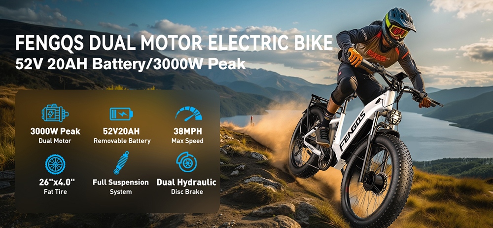 FENGQS H2 Electric Bike, 2*1000W Motor, 52V 20Ah Battery, 26*4.0 inch Tires, 50km/h Max Speed, 145km Max Range, Hydraulic Disc Brakes, Front Suspension, Shimano 7-speed - White