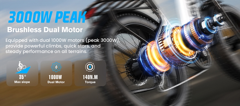 FENGQS H2 Electric Bike, 2*1000W Motor, 52V 20Ah Battery, 26*4.0 inch Tires, 50km/h Max Speed, 145km Max Range, Hydraulic Disc Brakes, Front Suspension, Shimano 7-speed - White