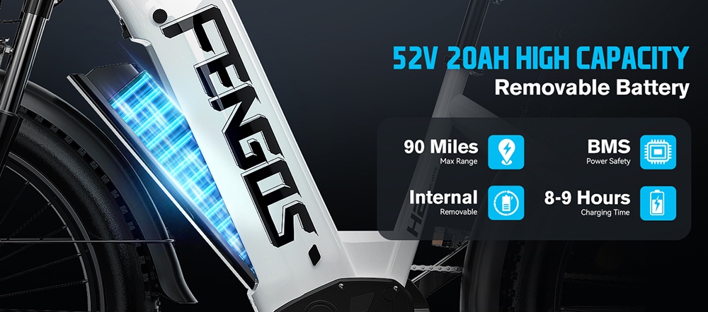 FENGQS H2 Electric Bike, 2*1000W Motor, 52V 20Ah Battery, 26*4.0 inch Tires, 50km/h Max Speed, 145km Max Range, Hydraulic Disc Brakes, Front Suspension, Shimano 7-speed - White