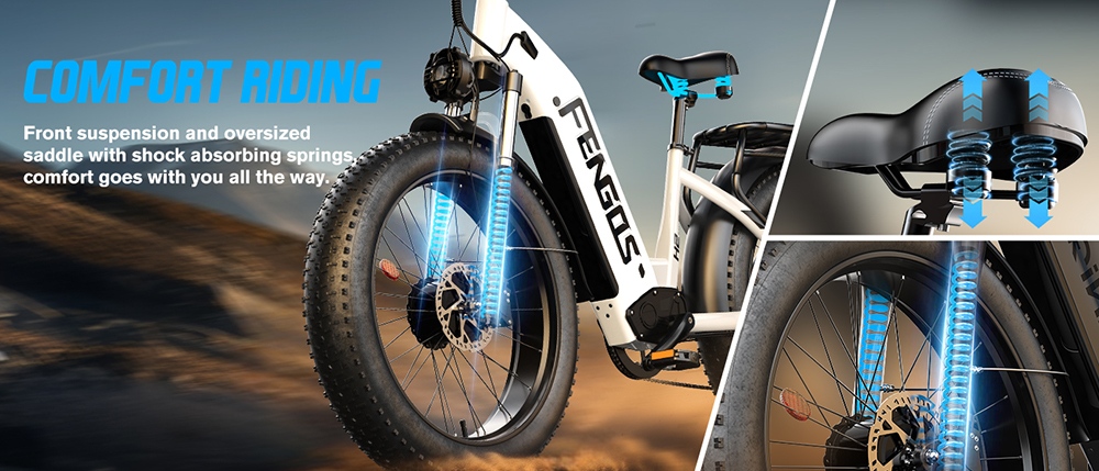 FENGQS H2 Electric Bike, 2*1000W Motor, 52V 20Ah Battery, 26*4.0 inch Tires, 50km/h Max Speed, 145km Max Range, Hydraulic Disc Brakes, Front Suspension, Shimano 7-speed - White