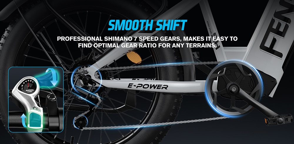 FENGQS H2 Electric Bike, 2*1000W Motor, 52V 20Ah Battery, 26*4.0 inch Tires, 50km/h Max Speed, 145km Max Range, Hydraulic Disc Brakes, Front Suspension, Shimano 7-speed - White