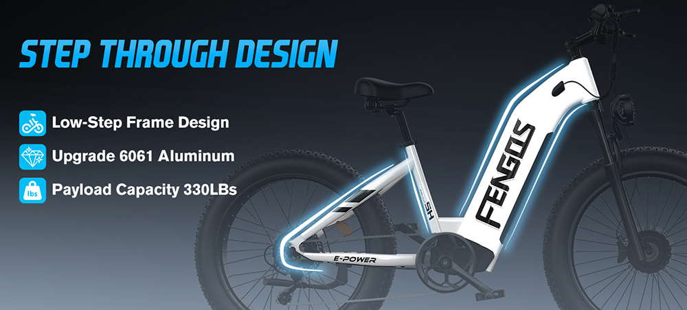 FENGQS H2 Electric Bike, 2*1000W Motor, 52V 20Ah Battery, 26*4.0 inch Tires, 50km/h Max Speed, 145km Max Range, Hydraulic Disc Brakes, Front Suspension, Shimano 7-speed - White