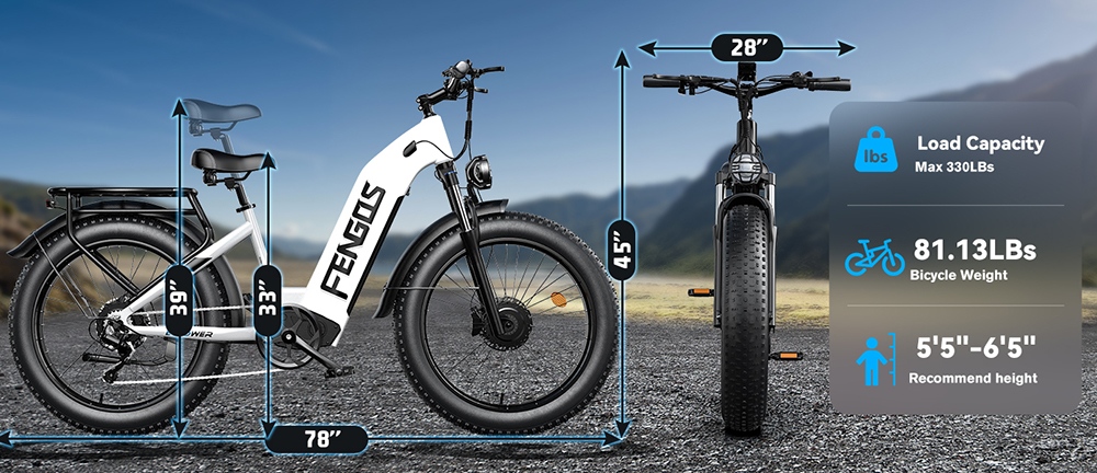 FENGQS H2 Electric Bike, 2*1000W Motor, 52V 20Ah Battery, 26*4.0 inch Tires, 50km/h Max Speed, 145km Max Range, Hydraulic Disc Brakes, Front Suspension, Shimano 7-speed - White