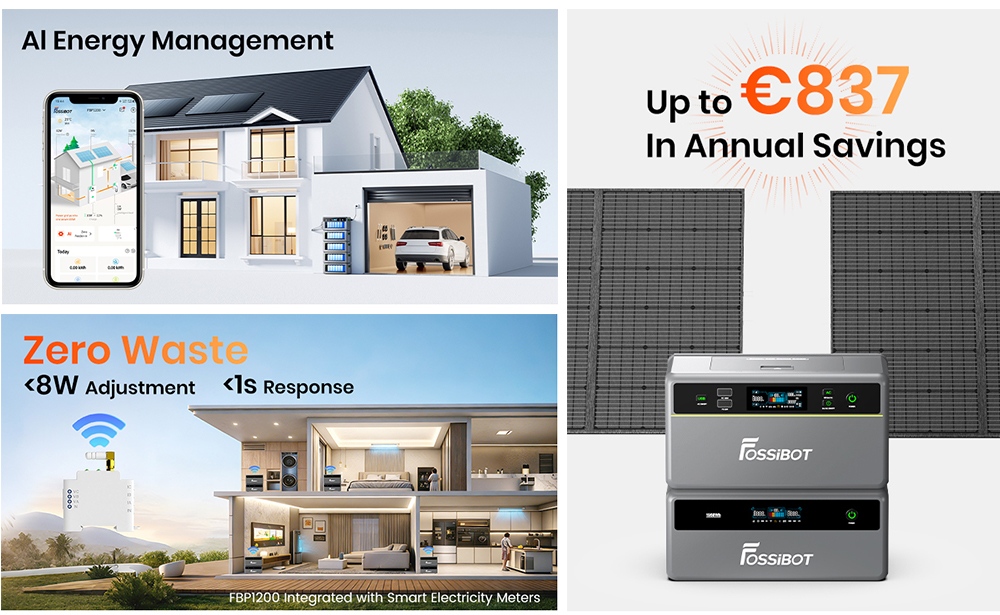 Tragbare Powerstation FOSSiBOT FBP1200, 1958 Wh LiFePO4 (erweiterbar auf 9790 Wh), 1200 W netzunabh&auml;ngige Ausgangsleistung, KI-gest&uuml;tztes HEMS mit intelligenter Zeitplanung und Lastspitzenkappung, ger&auml;uschlose, l&uuml;fterlose K&uuml;hlung, Schutzart IP65