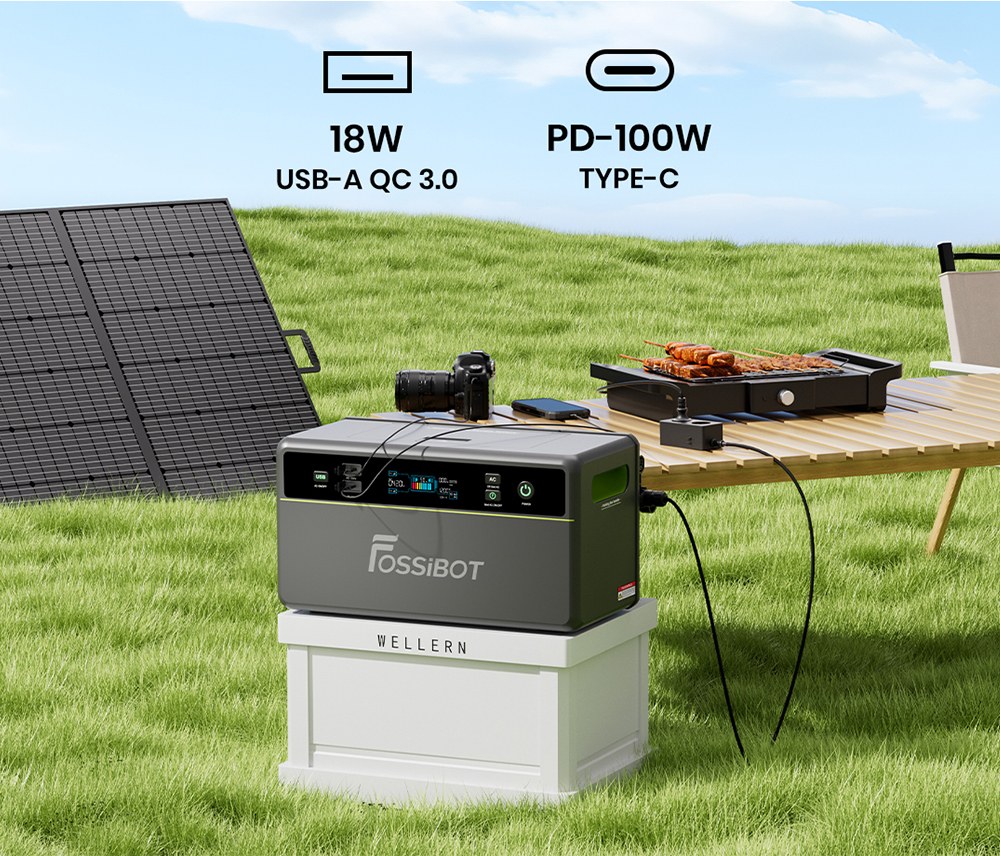 Tragbare Powerstation FOSSiBOT FBP1200, 1958 Wh LiFePO4 (erweiterbar auf 9790 Wh), 1200 W netzunabh&auml;ngige Ausgangsleistung, KI-gest&uuml;tztes HEMS mit intelligenter Zeitplanung und Lastspitzenkappung, ger&auml;uschlose, l&uuml;fterlose K&uuml;hlung, Schutzart IP65
