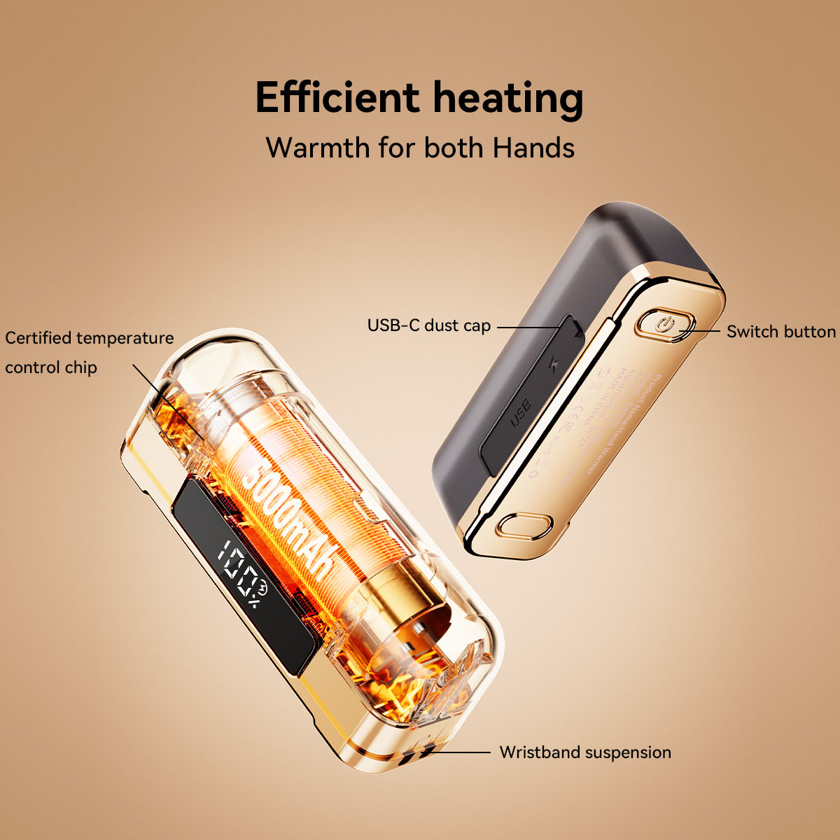 Chauffe-mains d&eacute;tachables Flashfish SWC03 2-en-1, charge rapide 3,5 h, 4 niveaux de chauffe, 2 batteries 5000 mAh, chauffe instantan&eacute;e et format de poche
