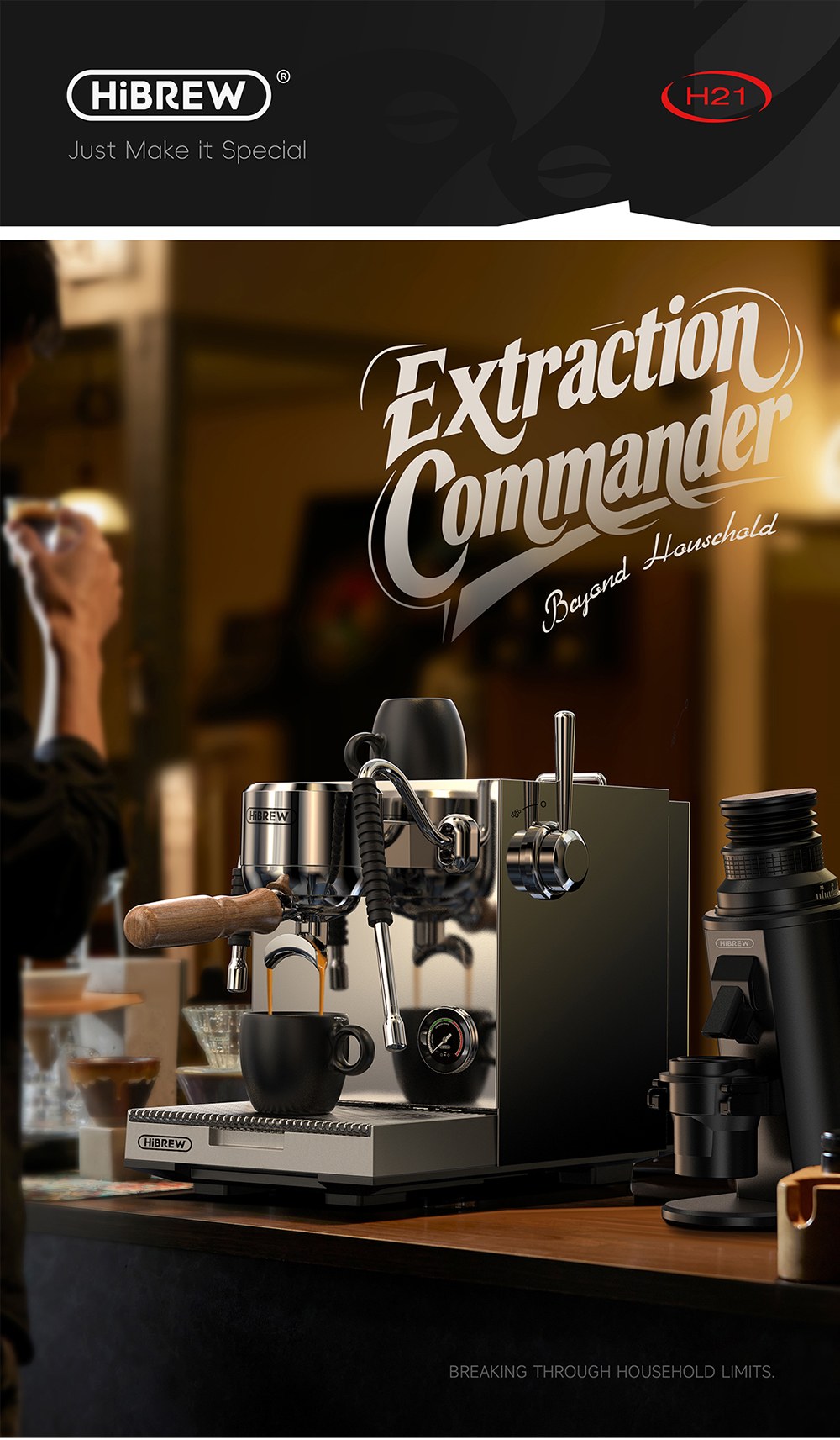 HiBREW H21 Espresso-Kaffeemaschine, Dreifachkessel mit Doppelpumpe, PID-Temperaturregelung, 9-Bar-Druck, 58mm Siebtr&auml;ger, gleichzeitiges Br&uuml;hen & D&auml;mpfen, 1,8L Wassertank, Cappuccino- & Latte-Maker