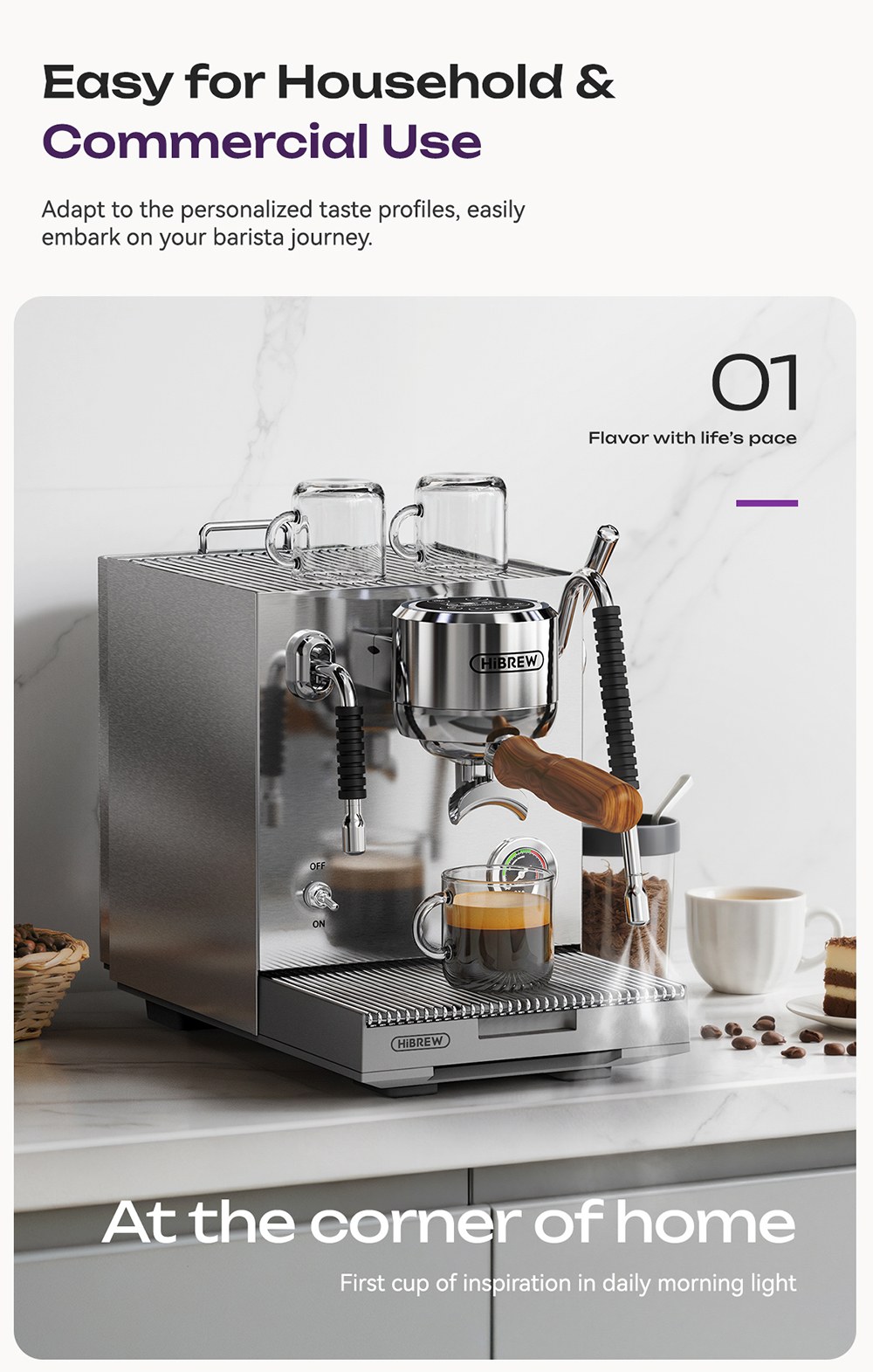 HiBREW H21 Espresso-Kaffeemaschine, Dreifachkessel mit Doppelpumpe, PID-Temperaturregelung, 9-Bar-Druck, 58mm Siebtr&auml;ger, gleichzeitiges Br&uuml;hen & D&auml;mpfen, 1,8L Wassertank, Cappuccino- & Latte-Maker