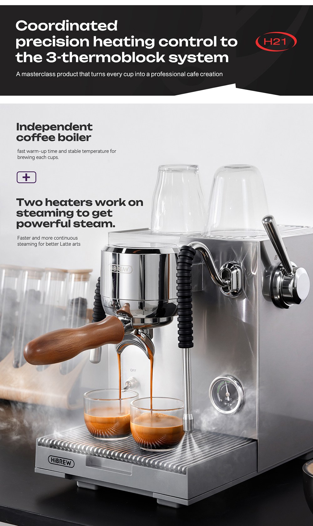 HiBREW H21 Espresso Coffee Machine, Triple-Boiler Dual-Pump, PID Temperature Control, 9-Bar Pressure, 58mm Portafilter, Simultaneous Brewing & Steaming, 1.8L Water Tank, Cappuccino & Latte Maker