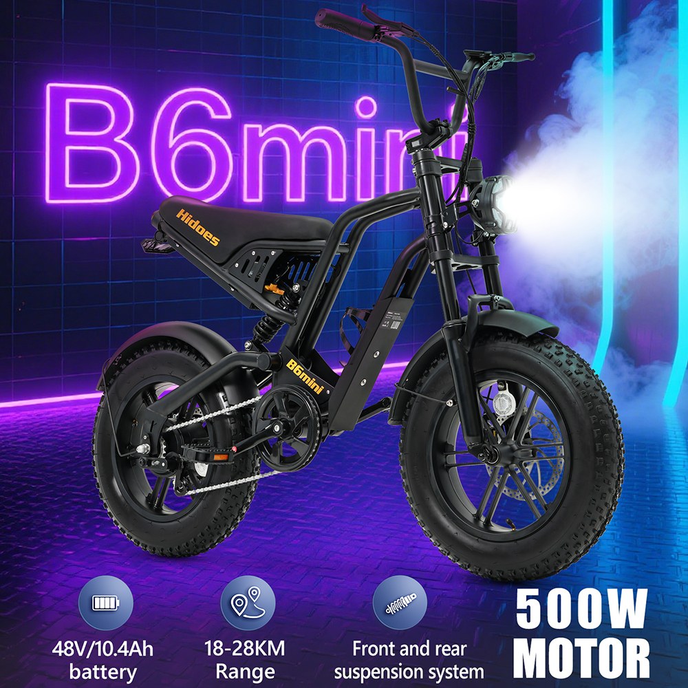 Hidoes B6mini Electric Bike, 500W Motor, 48V 10.4Ah Battery, 16 inch Tires, 35km/h Max Speed, 28km Range, Front & Rear Disc Brake, Front Fork Suspension & Rear Spring Suspension