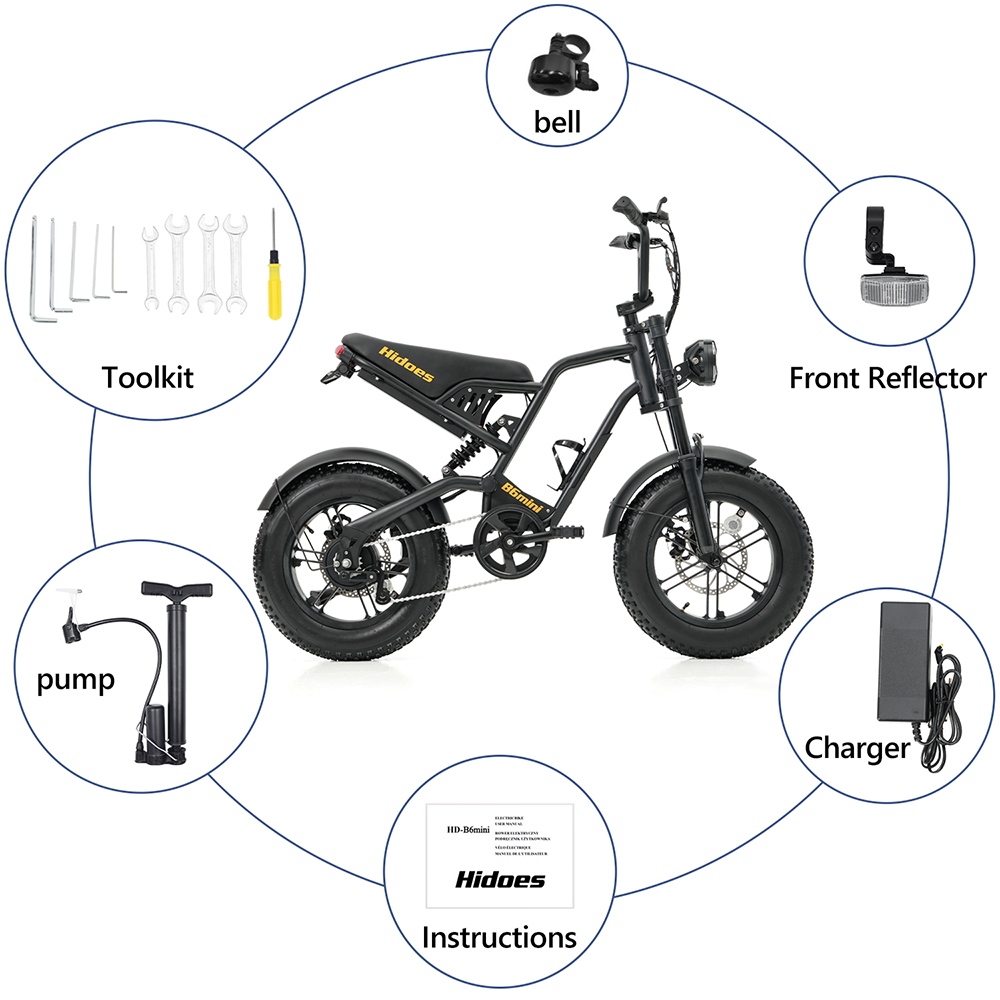 Hidoes B6mini Electric Bike, 500W Motor, 48V 10.4Ah Battery, 16 inch Tires, 35km/h Max Speed, 28km Range, Front & Rear Disc Brake, Front Fork Suspension & Rear Spring Suspension