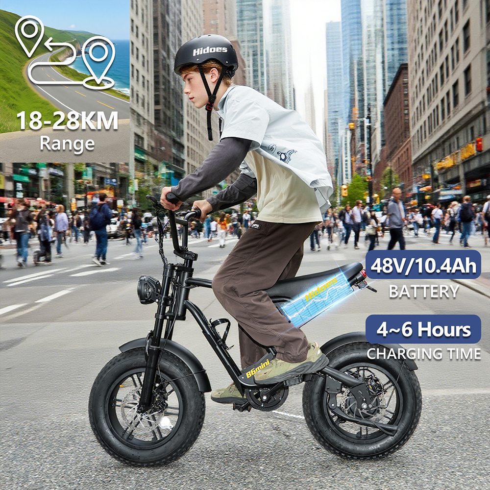 Hidoes B6mini Electric Bike, 500W Motor, 48V 10.4Ah Battery, 16 inch Tires, 35km/h Max Speed, 28km Range, Front & Rear Disc Brake, Front Fork Suspension & Rear Spring Suspension