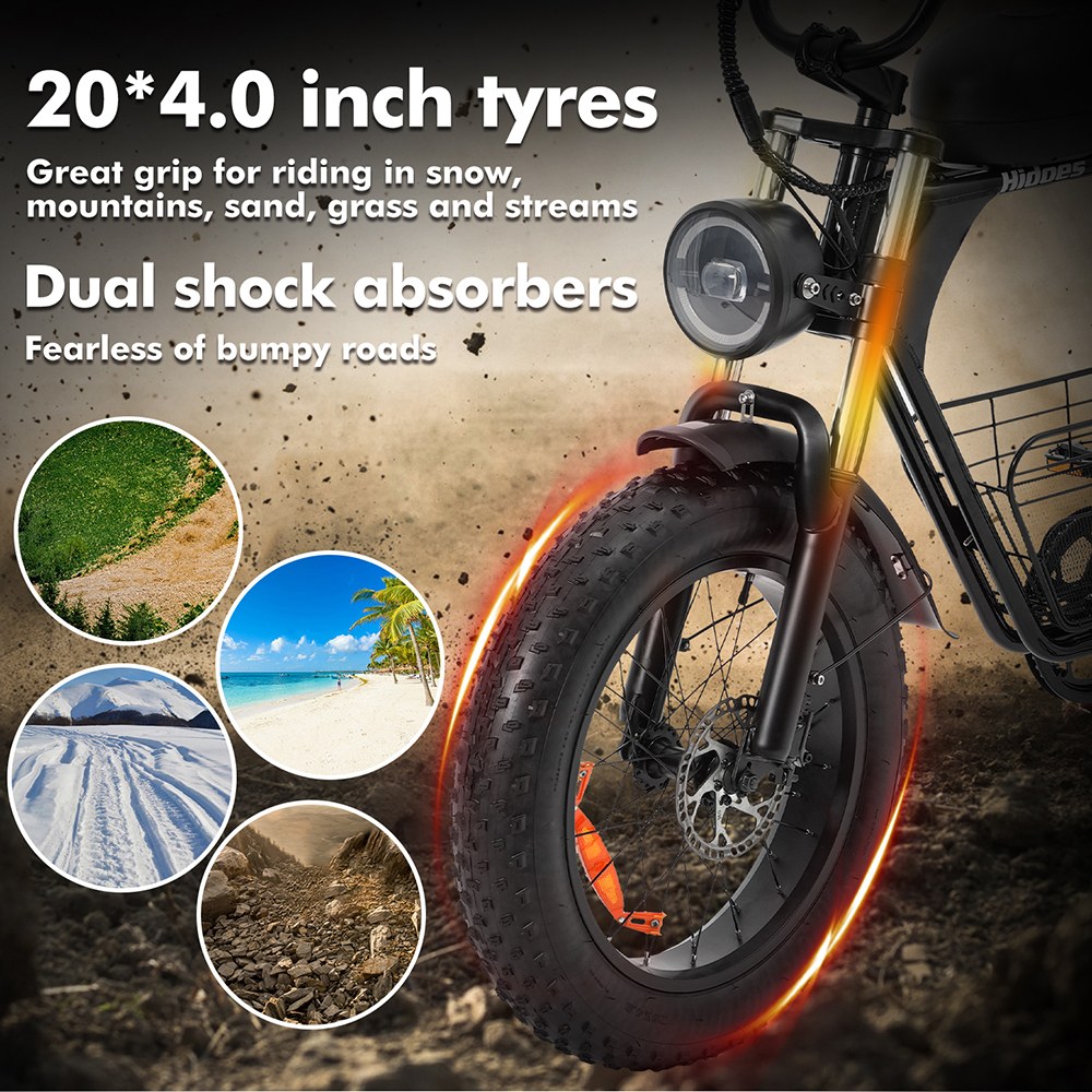 Hidoes B9 Electric Bike, 750W Motor, 48V 18.2Ah+15.6Ah Dual Battery, 20*4.0 inch Tires, 45km/h Max Speed, 150km Max Range, Front & Rear Hydraulic Disc Brakes, Dual Shock Absorbers
