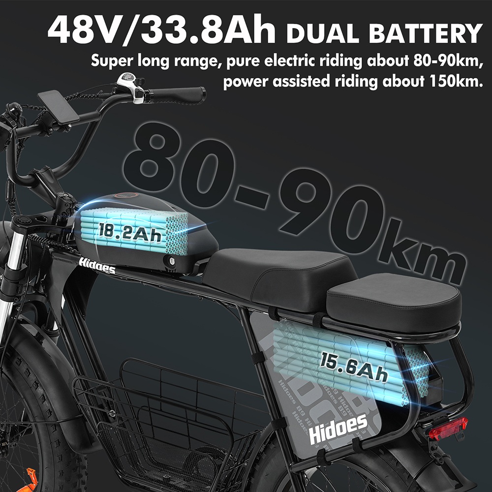 Hidoes B9 Electric Bike, 750W Motor, 48V 18.2Ah+15.6Ah Dual Battery, 20*4.0 inch Tires, 45km/h Max Speed, 150km Max Range, Front & Rear Hydraulic Disc Brakes, Dual Shock Absorbers